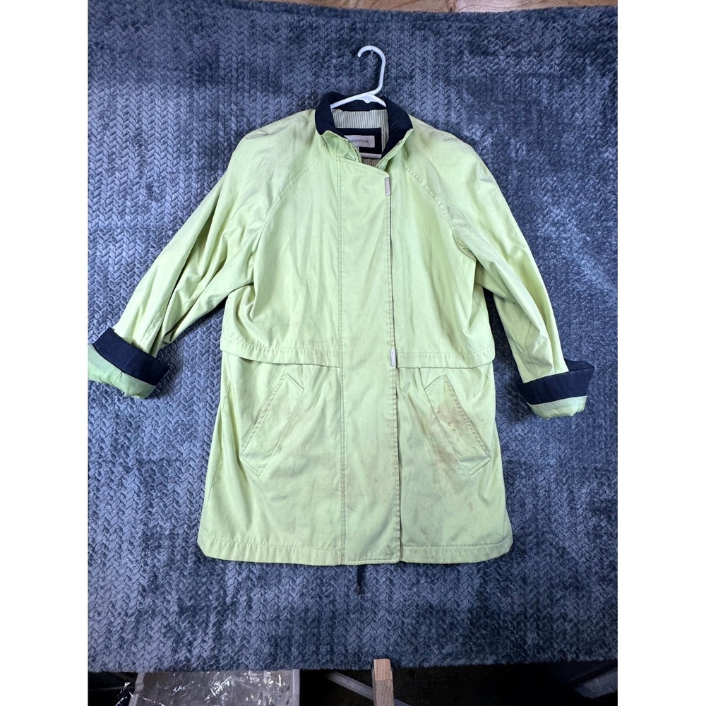 Liz Claiborne Raincoat Womens Medium Green Lined Striped Cinch Waist Outdoor